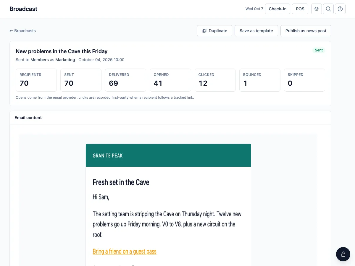 An email broadcast's delivery and engagement stats